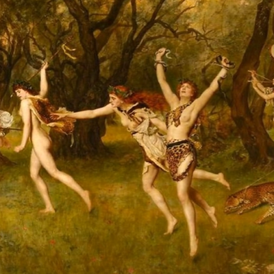 Figures dancing among trees in a classical woodland painting